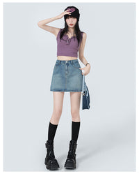 Summer Denim Skirt Lining High Waist A- Line Skirt