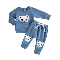 Boy's White Suit Bear Embroidered Round Neck Sweater Two-piece Set