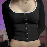 Simple Style Lace Stitching Single-breasted Long Sleeve Knitwear Top