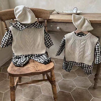Lace Lapel Plaid Long-sleeved Shirt With Pants