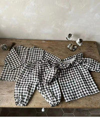 Lace Lapel Plaid Long-sleeved Shirt With Pants