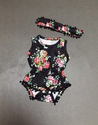 Dark Floral Set Infant Flower Print One-piece Romper Headwear