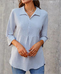 Solid-color Lapel-neck Slit Peplum Three-quarter-sleeve Womens Shirt