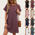 Solid-color Crewneck Lace-panel Loose-fit Short-sleeve Dress