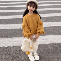 Girls' Pullover Spring And Autumn New Children's Western Style Baby Girl Pink Lantern Sleeve Fur Ball Sweater