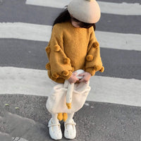 Girls' Pullover Spring And Autumn New Children's Western Style Baby Girl Pink Lantern Sleeve Fur Ball Sweater