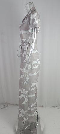 Fashion Polo Collar Printed Button Lace-up Jumpsuit