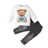 Bear Floral Print Long Sleeve Pullover And Denim Trousers Suit