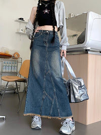 New High Waist Retro Water Blue Denim Skirt For Women