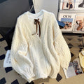 Womens Solid-Color Loose Soft Textured Cable-Knit Sweater Jacket