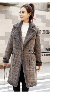 Plaid thickened mid-length faux lamb woolen coat