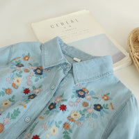 Japanese-style Sweet Fashion Spread Floral-embroidered Denim Shirt
