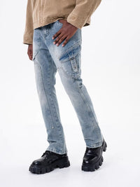 Jeans Men's Stitching Multi-pocket Straight-leg Trousers