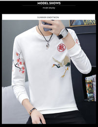 Round Neck Sweater Chinese Style Men's Crane Embroidery Bottoming Shirt