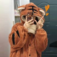 Soft Girl Cute Little Tiger Flannel Pajamas For Women