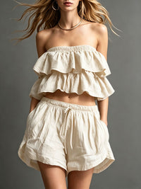 Womens Cotton-Linen Ruffle-Trimmed Strapless Shorts Set