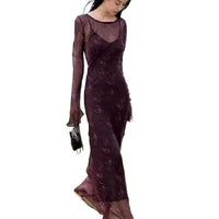 Womens Purple Mesh Flared-Sleeve Floral Slip Dress