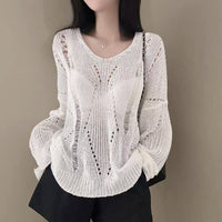 Hollow-out Ice Silk Thin Long Sleeve Mid-length V-neck Sweater
