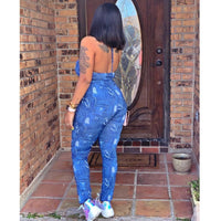 Sexy  back denim print jumpsuit