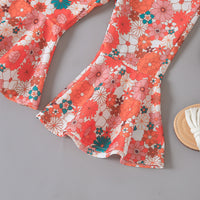 One-shoulder Girls' Summer Rose Print Bell-bottom Pants Three-piece Suit
