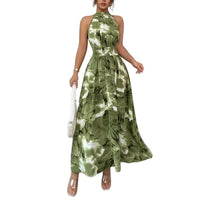 Neck Hanging Cinched Waist Sleeveless Dress With Ruffled Hem