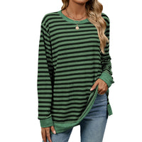 Women's Striped Contrasting Color Crew Neck Long Sleeve Top