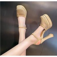 Women's Mesh Platform Sandals, New Summer 2026 Style, Block Heel, One-Strap Buckle Design, High Heels For Petite Figures, Perfect For Matching Dresses