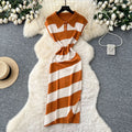 Niche Vintage-style Fashion Polo-neck Short-sleeve Contrast-striped Knit Dress