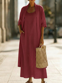 Womens Simple, Loose, Comfortable, Fashionable Cotton-Linen Two-Piece Dress Set