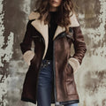 Faux Suede Zipper Composite Fur Integrated Turn-down Collar Coat