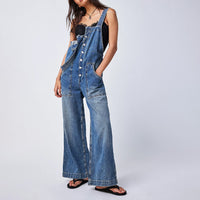 Pocket Sling Adjustable Strap Wide-leg Overalls Denim Jumpsuit