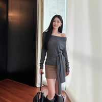Women's Shoulder Waist Trimming Knitted Long Sleeve
