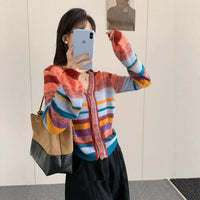 Women's Rainbow Knitted Cardigan Women's V-neck Sweater