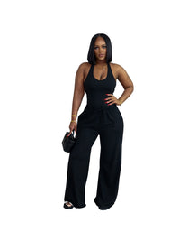 European And American Style Summer Solid Color Casual Halter Top And High-Waist Wide-Leg Pants With Pockets