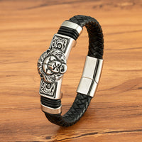 Lion Ox Head Tiger Heavy-Duty Stainless Steel Genuine Leather Magnetic-Clasp Mens Bracelet