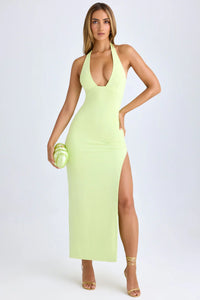 Elegant, Chic Off-Shoulder Halterneck Lace-Up Slit Solid Color Bodycon Dress
