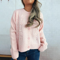 Simple Casual Flower Cardigan Round Neck Long Sleeve Sweater