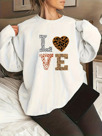 Round Neck Leopard Print Love Plus Size Sweater For Girls