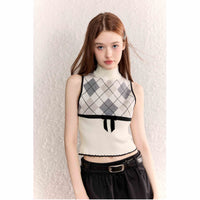 Diamond Plaid Half Collar Top Sleeveless Knitted Vest