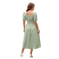 French-style Floral Print Womens Waist-Cinching Figure-Flattering Square-Neck Puff-Sleeve Midi Dress
