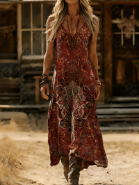 Retro Bohemian Print V-neck Slip Dress