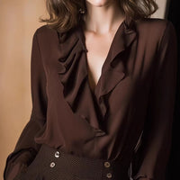 SpringSummer Sweet Ruffle-Trimmed V-Neck Shirt