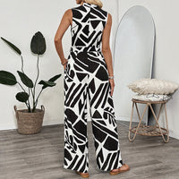Womens Casual Waist-Cinched Sleeveless Printed V-Neck Jumpsuit