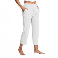 Womens Solid-Colored High-Waist Pockets Casual Pants