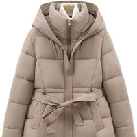 Women's Short Waist-cinching Slim-fit Hooded Tie-front Warm Coat