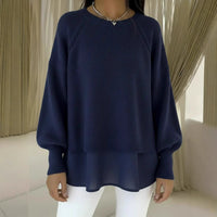 Solid Color Casual Crew Neck Sweater With A Chiffon Hem And Puff Sleeves