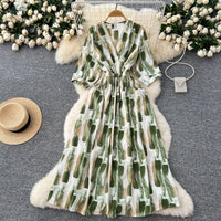 Lantern-sleeve Tie-Dye Printed Dress Womens SpringSummer High-End Defined-Waist Flared Maxi Dress