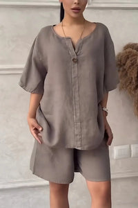 Cotton-linen Shirt Set With High-waisted Loose Shorts For Women