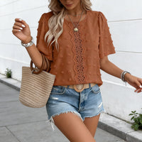 Women's Round-Neck Hollow-Out Lace Short-Sleeve Shirt