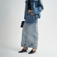 Washed Denim Long Skirts Stitching Design Women's Clothing